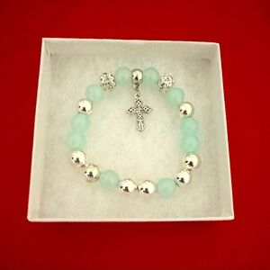 NEW, Glass Bead Bracelet, with Silvertone Accents and Cross, Seafoam. $14